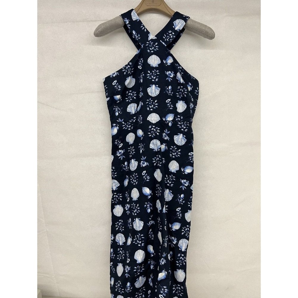 NEW Size 0P Beach  Ann Taylor Petite Shell Tile Cotton Linen Halter Flare Dress - Picture 2 of 4